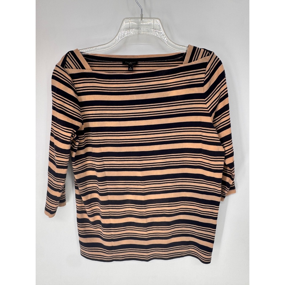 Talbots Top Woman X Tan Pima Cotton Striped Boat Neck 3/4 Sleeve Nautical Casual